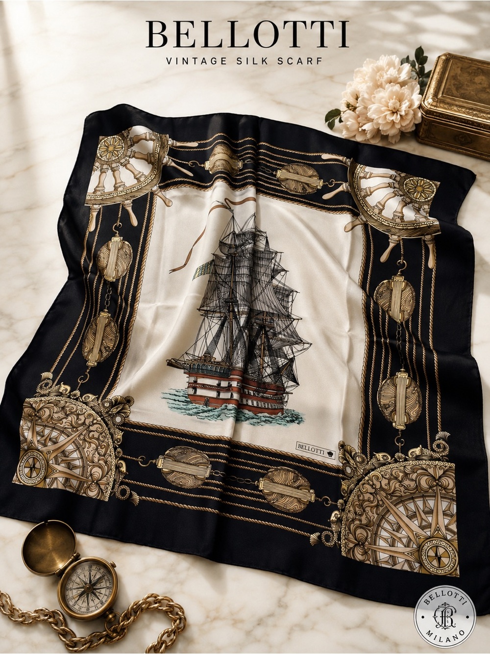Bellotti Vintage Nautical Silk Scarf Sailing Ship Compass Black Gold Theme 34x34